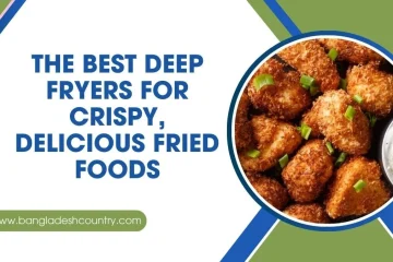 Promotional graphic text reading 'The Best Deep Fryers for Crispy, Delicious Fried Foods' next to a bowl of golden-brown fried chicken nuggets garnished with green onions.