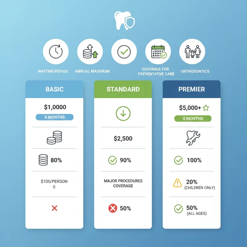 A detailed infographic comparing different features of dental insurance plans, such as waiting periods, annual maximums, and deductibles, using icons.