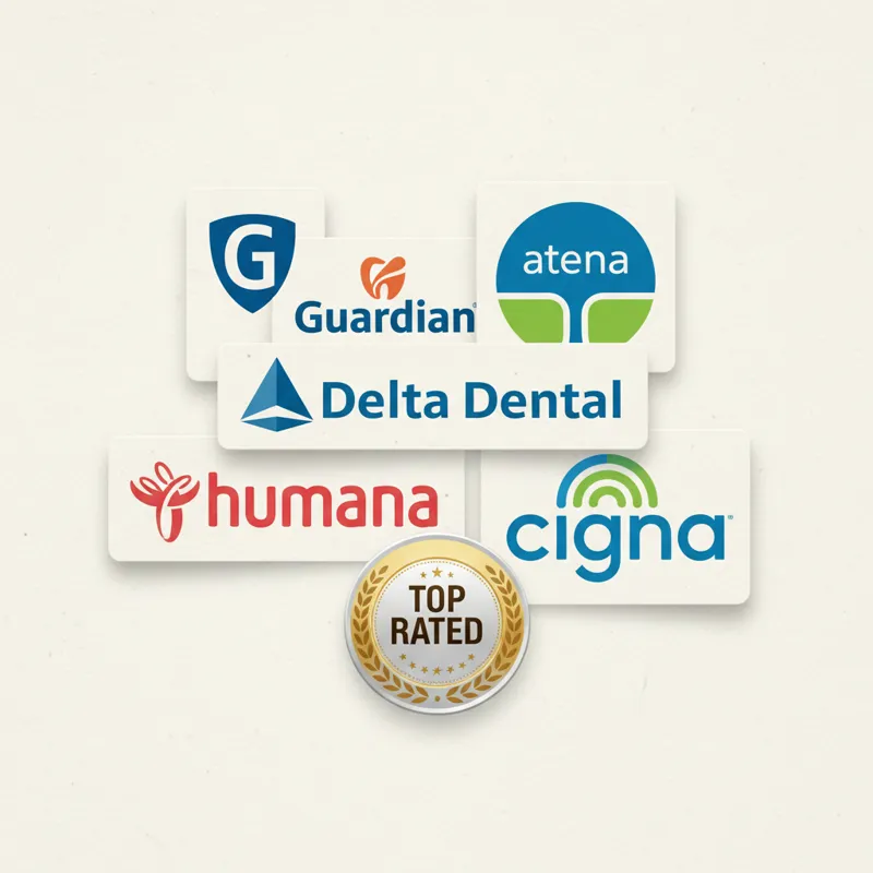 A collage of logos from well-known dental insurance providers (e.g., Delta Dental, Aetna, Cigna, Humana, Guardian) with a