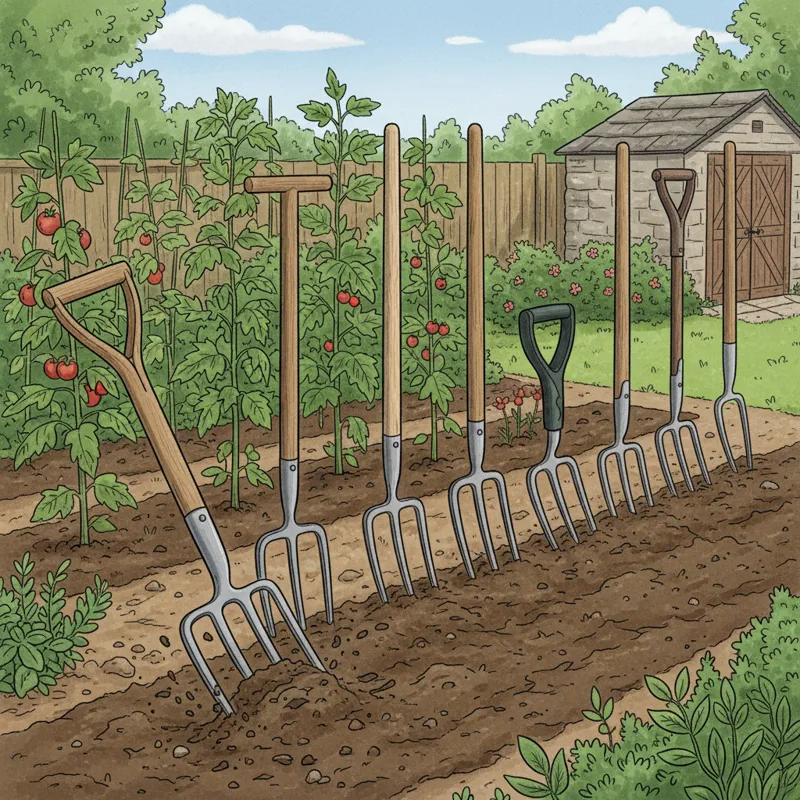 A detailed, high-angle shot of various types of digging forks lined up, showcasing different handle types (D-handle, T-handle, straight) and tine shap