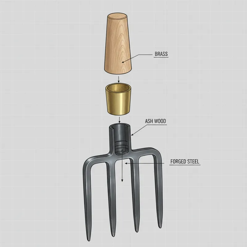 A close-up, exploded view diagram of a high-quality digging fork, highlighting the handle, ferrule, and head connection points with labels for differe