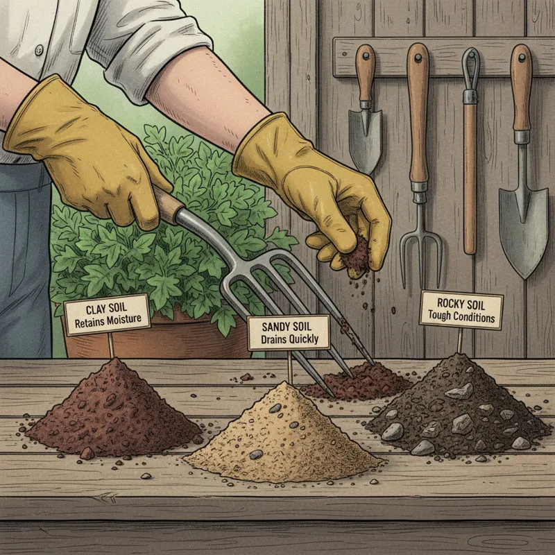 A gardener with gloves inspecting the tines of a digging fork, with various soil types (rocky, clay, sandy) in separate small piles around them, sugge