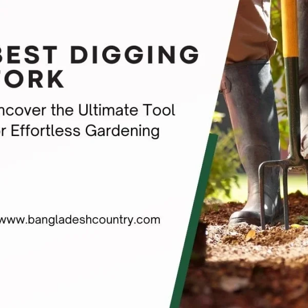 A graphic showing a person wearing black rubber boots pushing a long-handled digging fork into soil in a garden. Text on the left reads 'BEST DIGGING FORK: Uncover the Ultimate Tool for Effortless Gardening', with a circular icon displaying smaller hand gardening tools like a trowel and a hand fork.