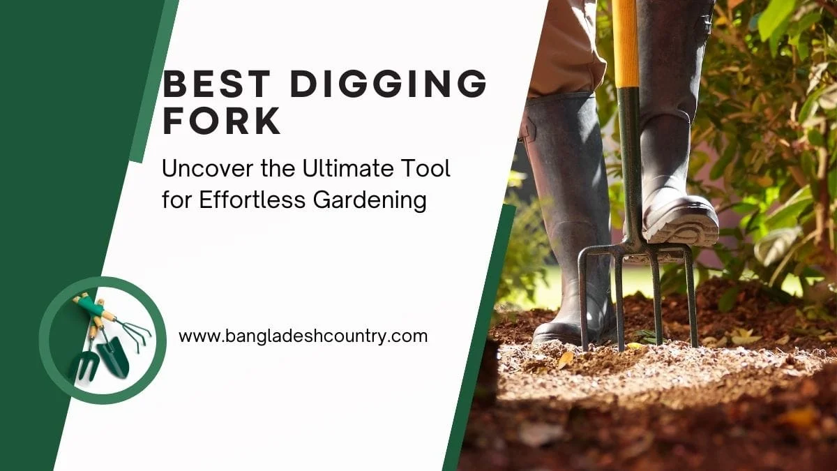 A graphic showing a person wearing black rubber boots pushing a long-handled digging fork into soil in a garden. Text on the left reads 'BEST DIGGING FORK: Uncover the Ultimate Tool for Effortless Gardening', with a circular icon displaying smaller hand gardening tools like a trowel and a hand fork.