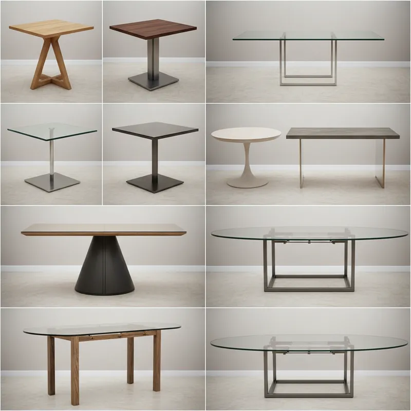 A collage of different extendable dining tables, showcasing various materials like light wood, dark wood, metal, and glass. One section highlights dif