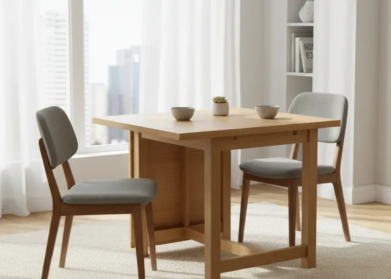 A modern, light wood extendable dining table in a compact apartment living room, shown in its smaller configuration, ideal for small spaces.