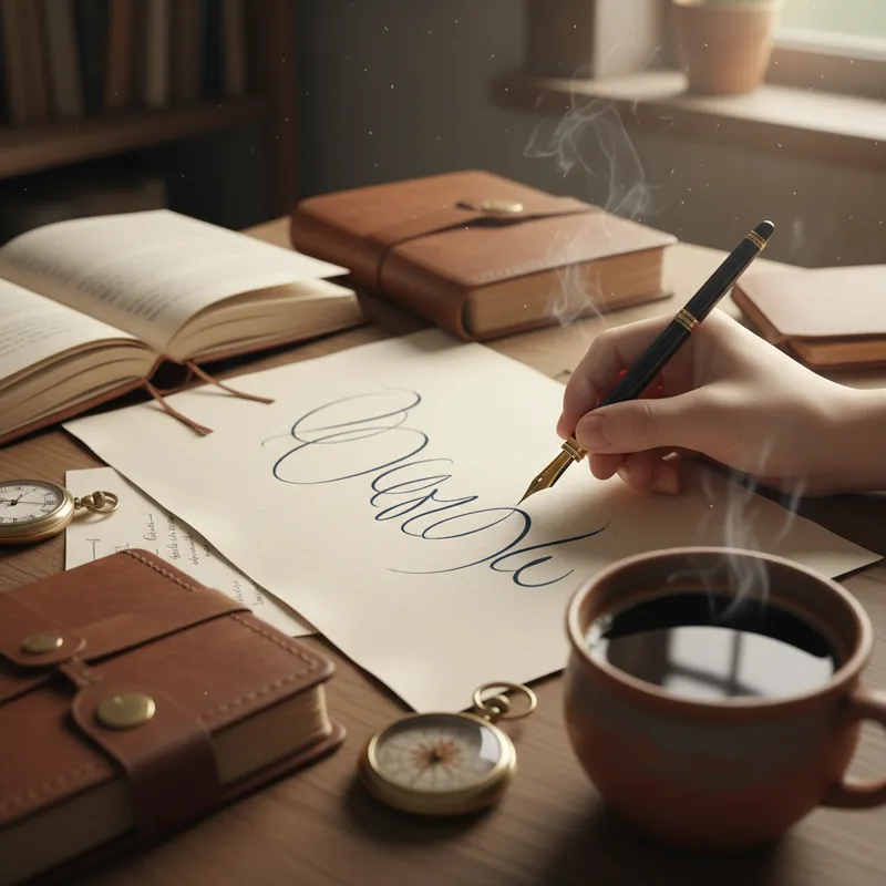 A close-up shot of a hand gracefully writing with a fountain pen on textured paper, surrounded by notebooks and a cup of coffee, emphasizing a mindful