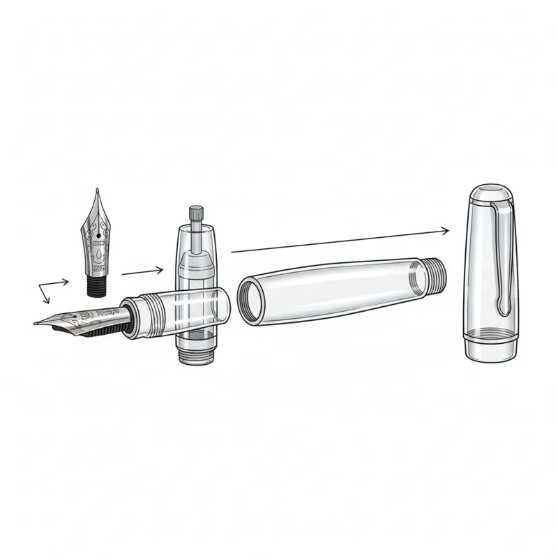 A detailed diagram showing the disassembled parts of a generic fountain pen, clearly labeling the nib, feed, section, barrel, converter, and cap, with