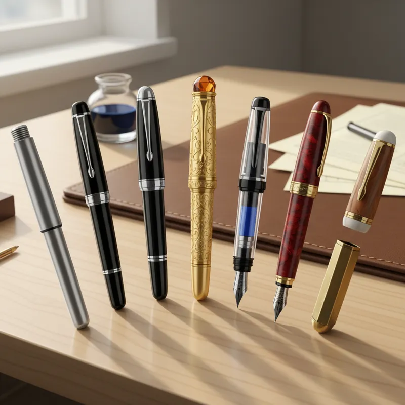 A diverse collection of 7 different fountain pens, artfully arranged on a clean desk, with each pen representing a distinct style or price point, from