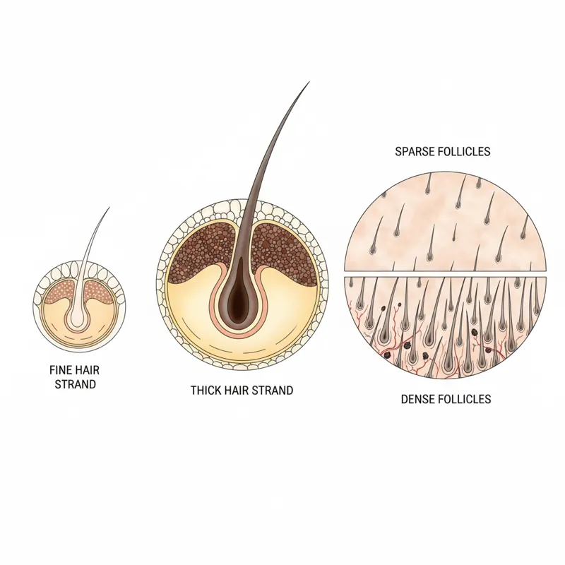 A detailed microscopic cross-section diagram comparing a fine hair strand versus a thick hair strand, showing the cuticle, cortex, and medulla. The im