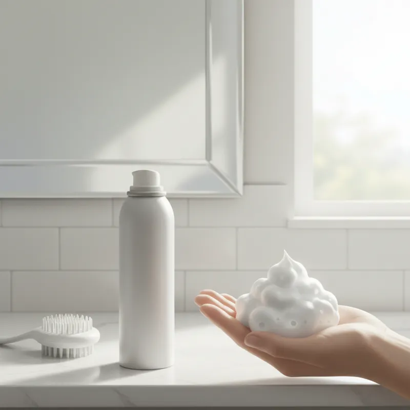 A bottle of 5% Minoxidil foam sitting on a clean, modern bathroom counter next to a scalp massager. Soft, natural lighting. Focus on the foam texture