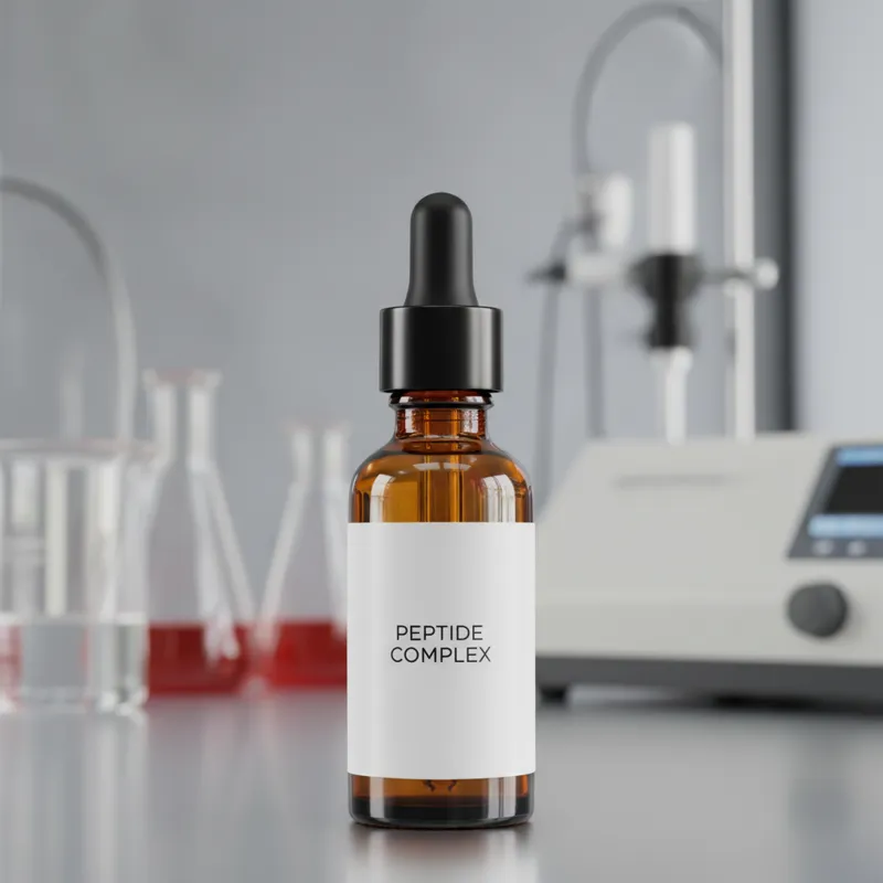 A sleek, amber glass dropper bottle containing a clear serum. The bottle is labeled'Peptide Complex'. Background is a blurred laboratory setting, sug