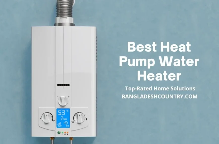 White heat pump water heater with digital display on a blue wall, promoting 'Best Heat Pump Water Heater'.