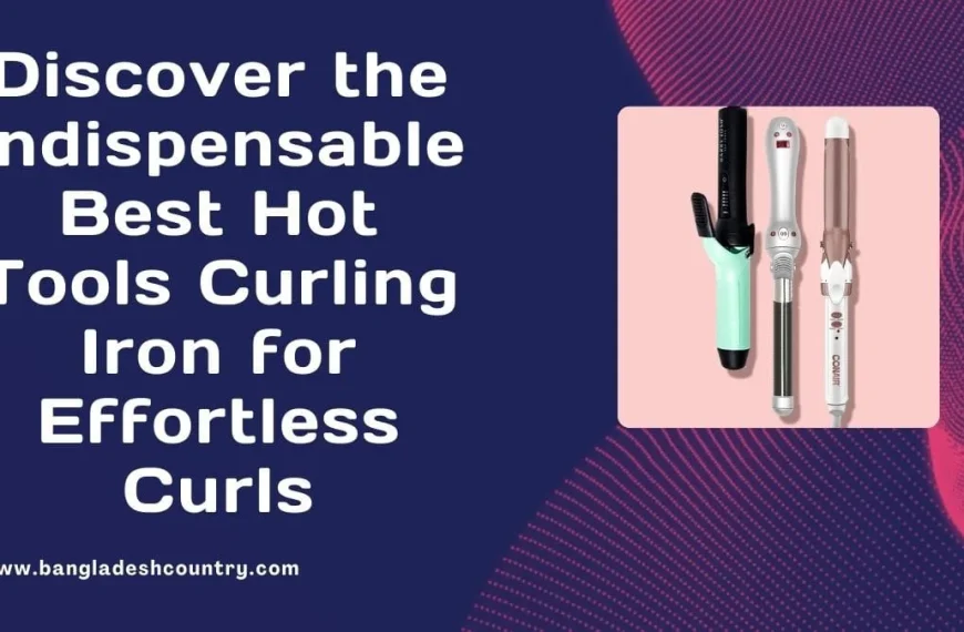Graphic with text 'Discover the Indispensable Best Hot Tools Curling Iron for Effortless Curls' next to an image featuring three different curling irons: a black and mint green model, a silver digital curling iron, and a rose gold and white Conair curling iron. The background is dark blue and purple.
