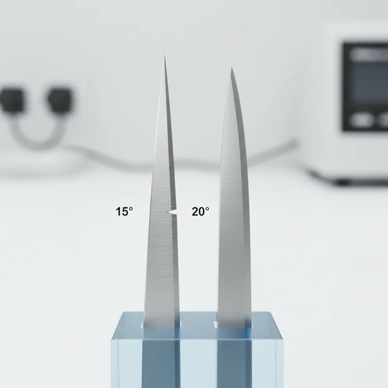 A close-up diagram of a knife blade cross-section comparing a 15-degree Japanese edge angle versus a 20-degree Western edge angle, highlighting the mi