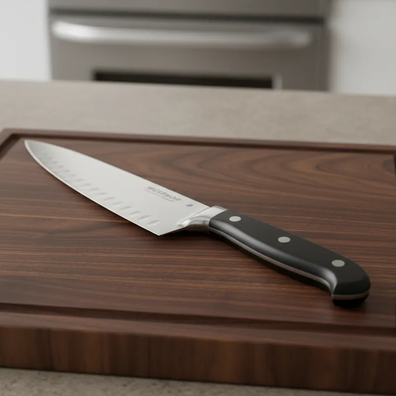 A sleek Wüsthof Classic Ikon 8-Inch Chef’s Knife resting on a dark walnut cutting board, showing the double bolster design and the contoured black han