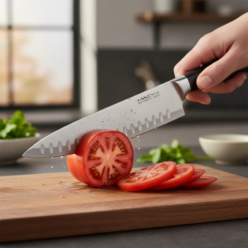 A MAC MTH-80 Professional Series 8-inch chef knife slicing through a ripe tomato, highlighting the thin blade profile and dimples (grantons) on the si
