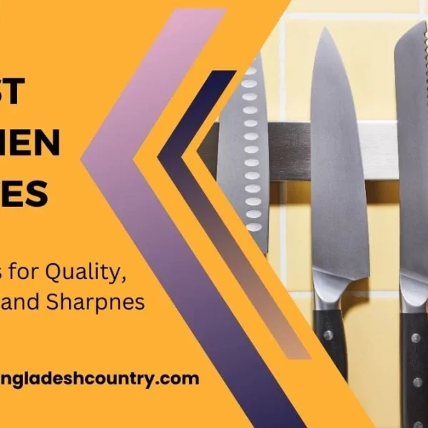 Promotional banner titled Best Kitchen Knives featuring five stainless steel knives with black handles hanging on a magnetic strip against a yellow tiled background.
