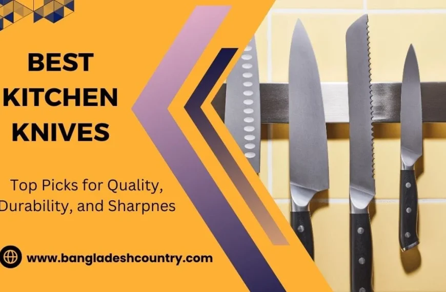 Promotional banner titled Best Kitchen Knives featuring five stainless steel knives with black handles hanging on a magnetic strip against a yellow tiled background.
