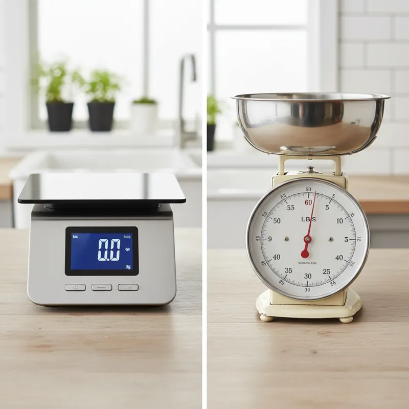 A side-by-side comparison image of a modern digital kitchen scale and an old-fashioned analog kitchen scale.