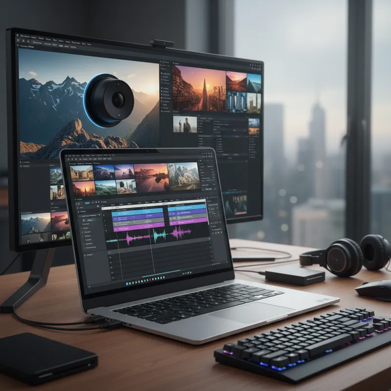 A sleek, modern laptop displaying video editing software on its screen, with various video clips and timelines visible. The laptop is surrounded by pr