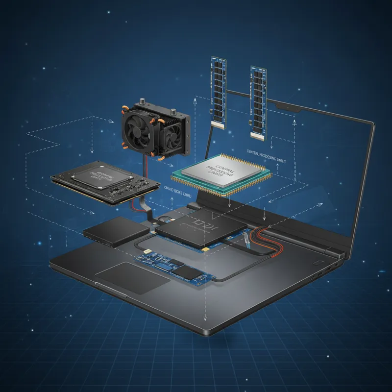 A detailed, exploded view of a high-performance laptop, highlighting the CPU, GPU, RAM modules, and NVMe SSD with clear labels and arrows indicating t