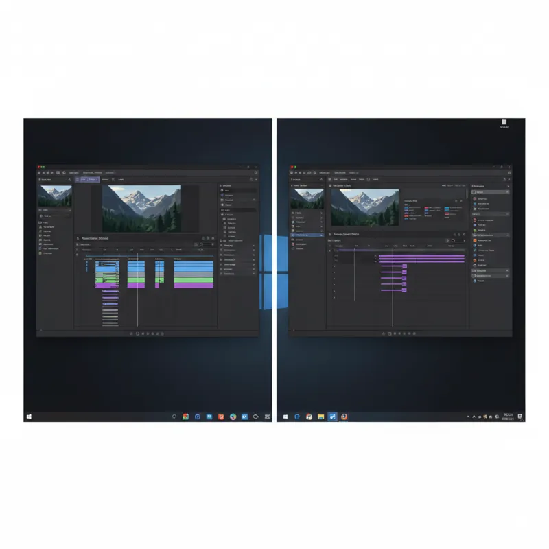 A split screen showing the macOS desktop on one side and the Windows 11 desktop on the other, both displaying video editing software interfaces, with