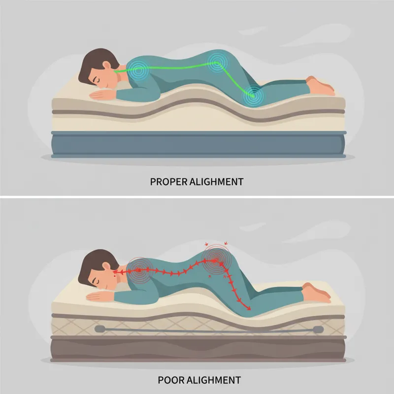 An infographic showing a person sleeping on their side, highlighting pressure points at the shoulder and hip, and illustrating proper spinal alignment