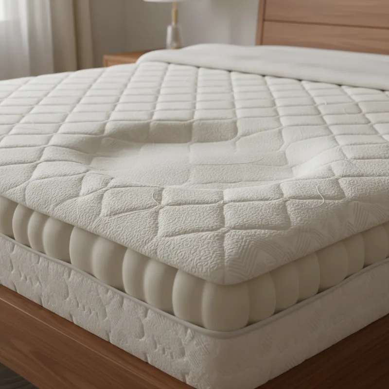 A luxurious, thick memory foam mattress with a person's gentle indentation visible, suggesting deep contouring and pressure relief.