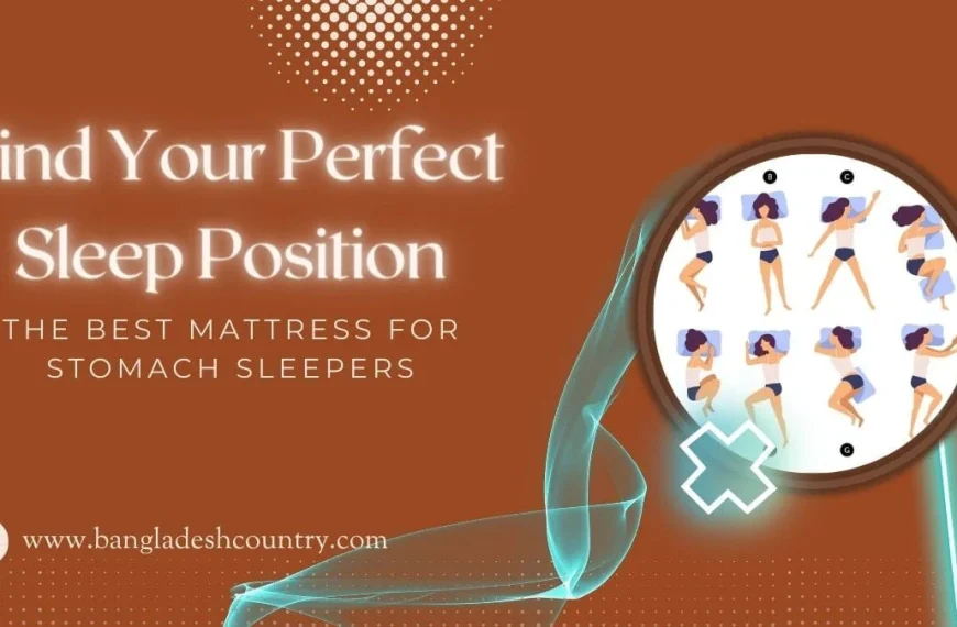 An informational graphic titled 'Find Your Perfect Sleep Position' with a subheading 'The Best Mattress for Stomach Sleepers'. On the right, a circular diagram illustrates a woman in nine different sleeping postures.