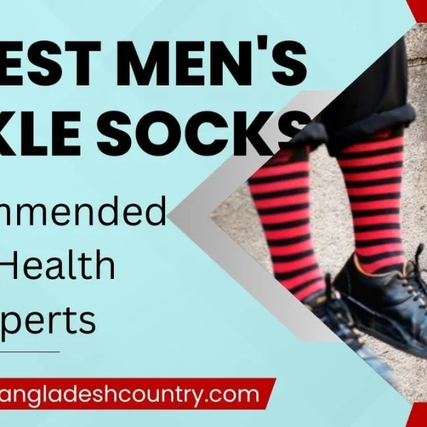 Promotional graphic titled '21 Best Men's Ankle Socks Recommended by Health Experts', featuring close-ups of men's lower legs wearing stylish red and black striped, and colorful striped ankle socks with black shoes. The graphic includes the website 'www.bangladeshcountry.com'.