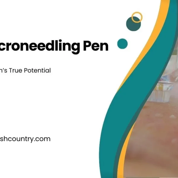 A promotional graphic for 'Best Microneedling Pen' with the slogan 'Unleash Your Skin's True Potential,' featuring a close-up of a microneedling device on skin and the website www.bangladeshcountry.com.