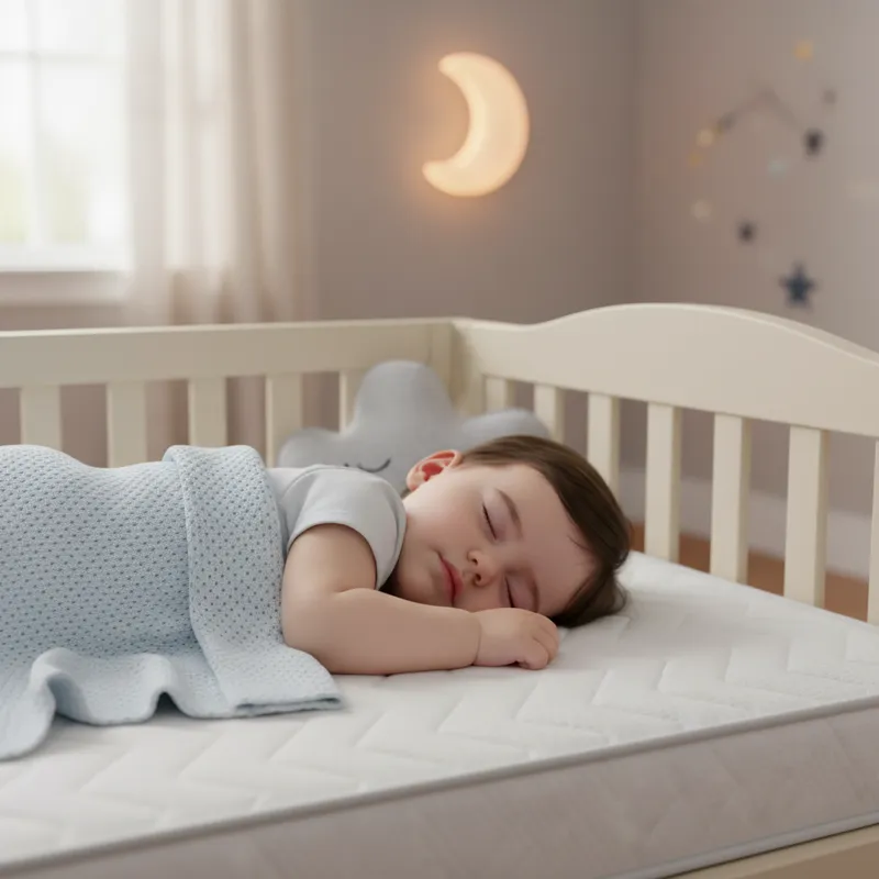 A close-up shot of a baby sleeping soundly in a mini crib, showing the mattress detail and a breathable sheet. The room is softly lit.