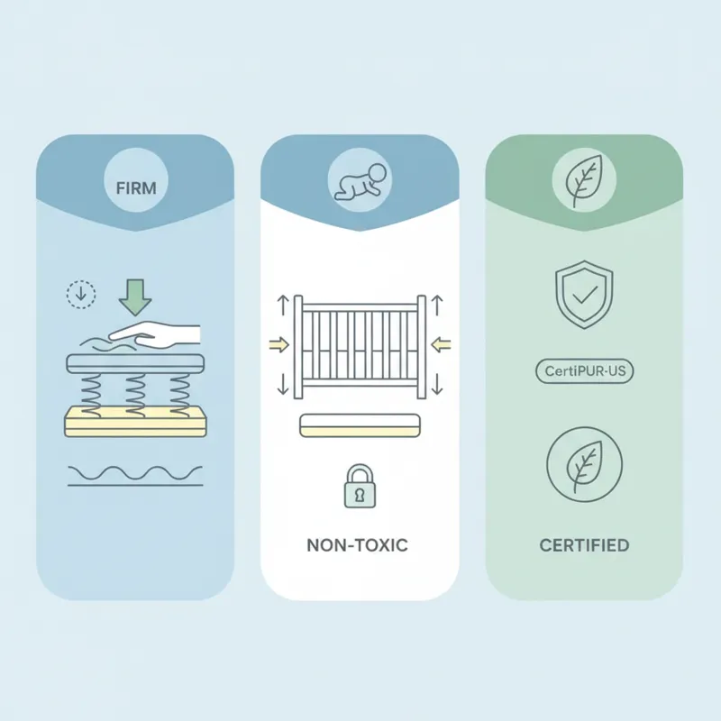 An infographic-style image detailing key safety standards for baby mattresses (firmness, snug fit, non-toxic certifications like CertiPUR-US). Simple,