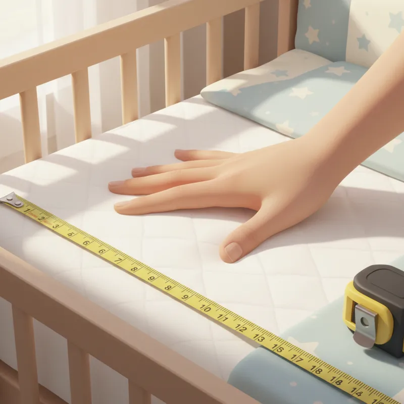 A parent's hand gently pressing on a mini crib mattress to test firmness, with a measuring tape nearby to check dimensions.