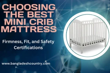 White mini crib with a patterned mattress, accompanied by the title 'Choosing the Best Mini Crib Mattress' and subtitle 'Firmness, Fit, and Safety Certifications' on a blue, tech-themed background, with the website www.bangladeshcountry.com.