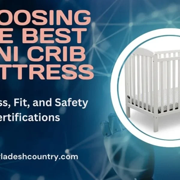 White mini crib with a patterned mattress, accompanied by the title 'Choosing the Best Mini Crib Mattress' and subtitle 'Firmness, Fit, and Safety Certifications' on a blue, tech-themed background, with the website www.bangladeshcountry.com.