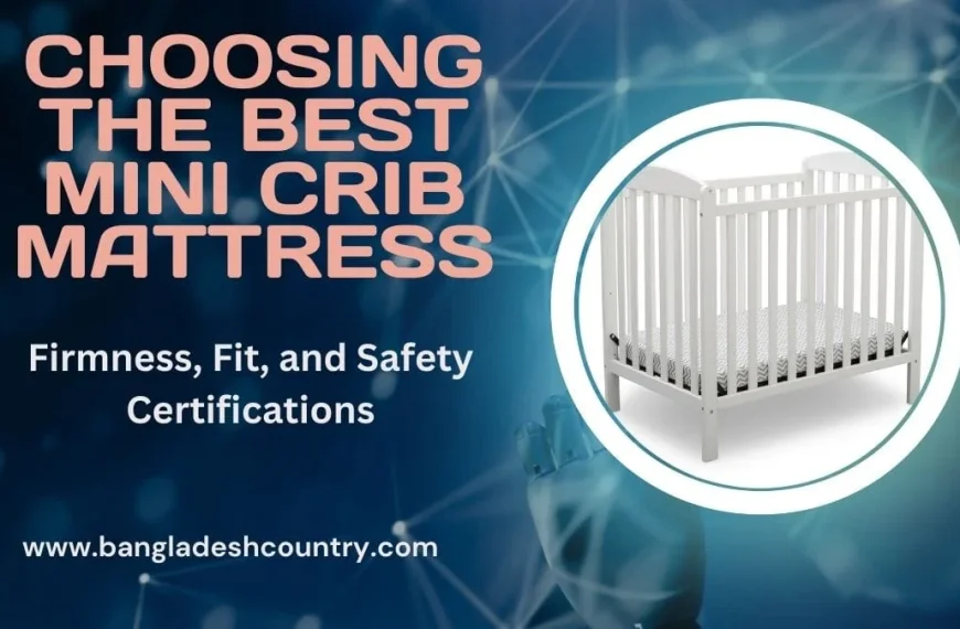 White mini crib with a patterned mattress, accompanied by the title 'Choosing the Best Mini Crib Mattress' and subtitle 'Firmness, Fit, and Safety Certifications' on a blue, tech-themed background, with the website www.bangladeshcountry.com.