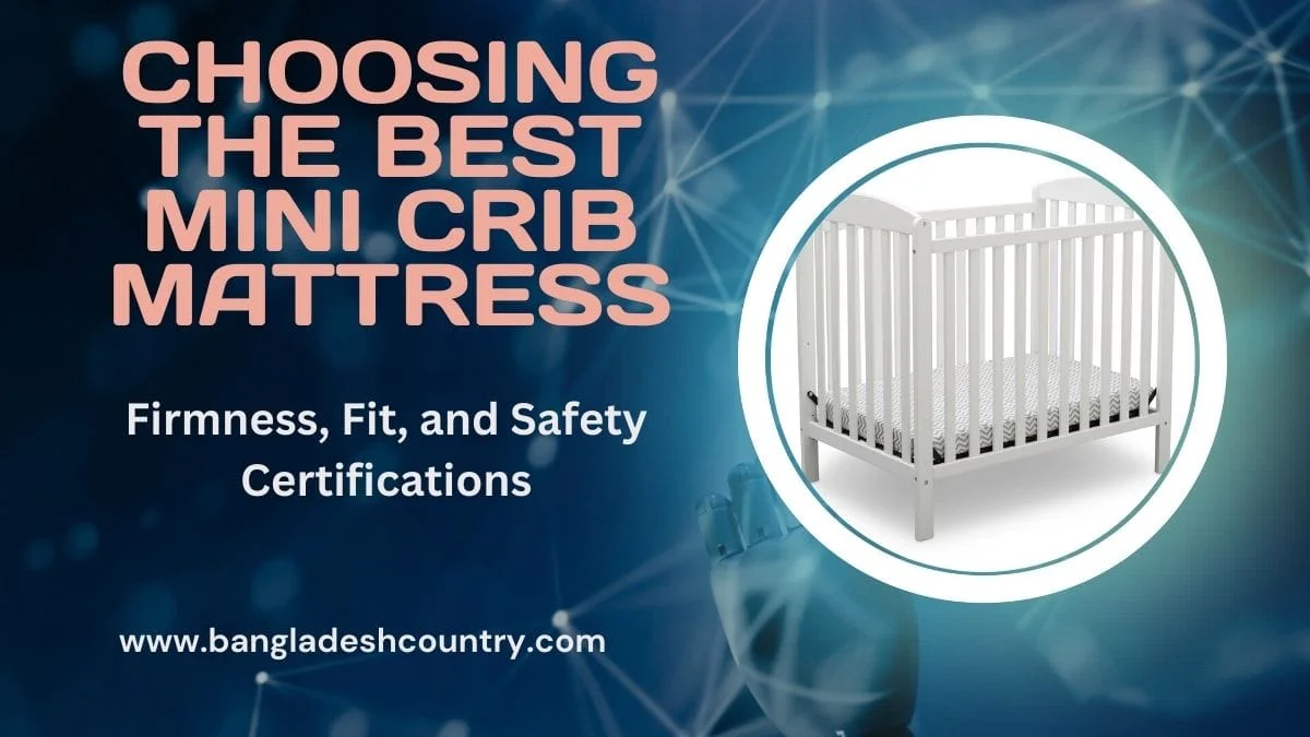 White mini crib with a patterned mattress, accompanied by the title 'Choosing the Best Mini Crib Mattress' and subtitle 'Firmness, Fit, and Safety Certifications' on a blue, tech-themed background, with the website www.bangladeshcountry.com.