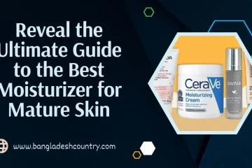 Promotional image for 'Reveal the Ultimate Guide to the Best Moisturizer for Mature Skin', featuring a selection of skincare products including CeraVe Moisturizing Cream, Osmia Purely Simple Face Cream, and BareMinerals Complexion Rescue, displayed against a dark background with geometric shapes.