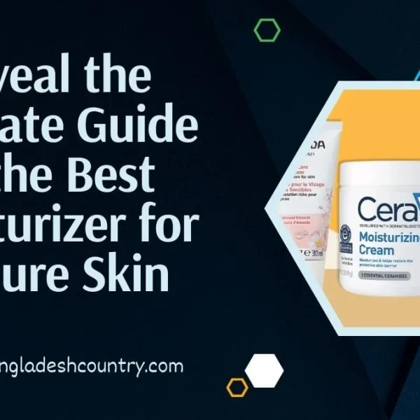 Promotional image for 'Reveal the Ultimate Guide to the Best Moisturizer for Mature Skin', featuring a selection of skincare products including CeraVe Moisturizing Cream, Osmia Purely Simple Face Cream, and BareMinerals Complexion Rescue, displayed against a dark background with geometric shapes.