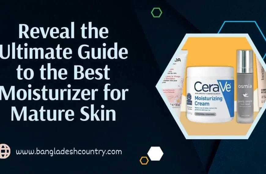 Promotional image for 'Reveal the Ultimate Guide to the Best Moisturizer for Mature Skin', featuring a selection of skincare products including CeraVe Moisturizing Cream, Osmia Purely Simple Face Cream, and BareMinerals Complexion Rescue, displayed against a dark background with geometric shapes.
