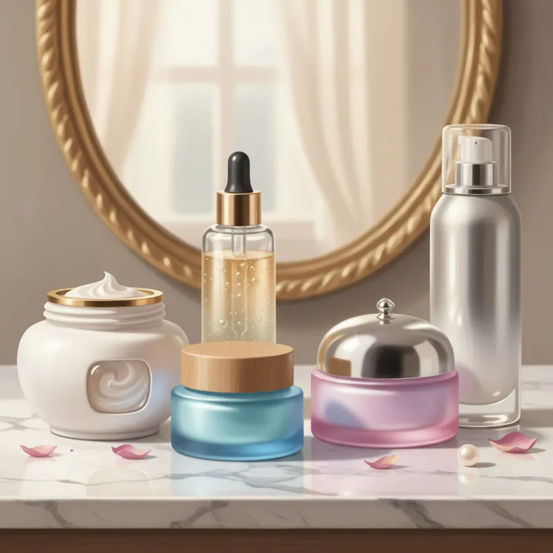 Five distinct, aesthetically pleasing product jars/bottles, each representing a different type of moisturizer (e.g., a rich cream, a serum, a gel-crea