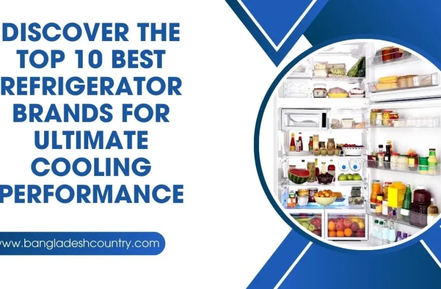 Promotional graphic titled 'Discover the Top 10 Best Refrigerator Brands for Ultimate Cooling Performance' featuring a circular image of an open, fully stocked refrigerator interior and the website URL www.bangladeshcountry.com.