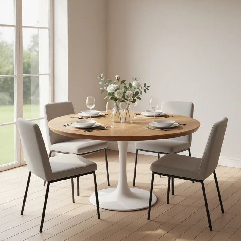 A beautifully set modern round dining table with four chairs, featuring a warm wooden top and a minimalist pedestal base, bathed in natural light from