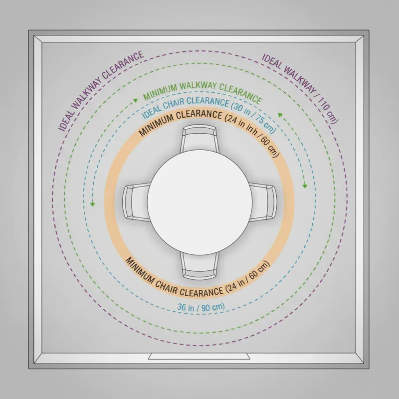 An overhead diagram showing a round dining table with recommended clearance for chairs and walkways in a typical dining room, illustrating minimum and