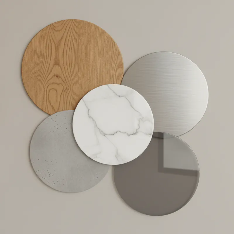 A collage of various round dining table material swatches including solid oak, polished concrete, white marble, brushed stainless steel, and smoked gl