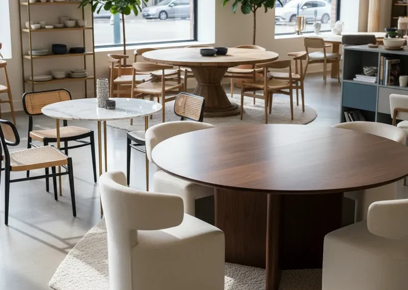 An elegant solid oak round dining table with comfortable upholstered chairs, showcasing one of the best round dining tables for modern and classic dining spaces.