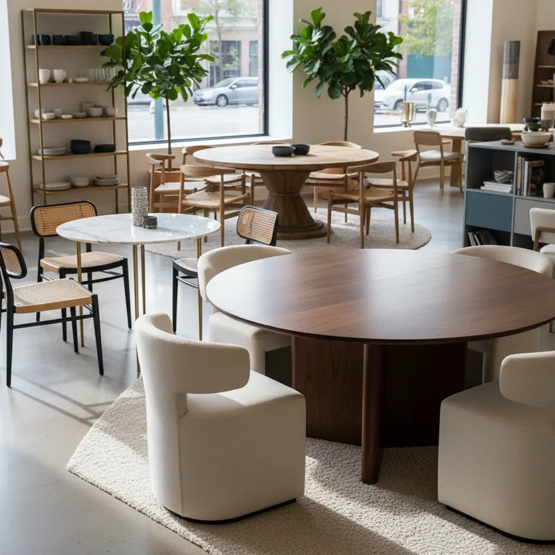An elegant solid oak round dining table with comfortable upholstered chairs, showcasing one of the best round dining tables for modern and classic dining spaces.