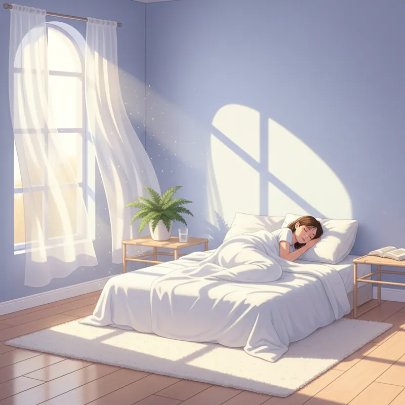 A bright, airy bedroom scene with a person comfortably sleeping under a light-colored, thin duvet, sunlight streaming through a window, emphasizing co